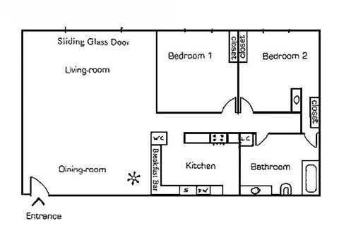 Floor plan for 2 beds, 1 bath, 1025 sqft